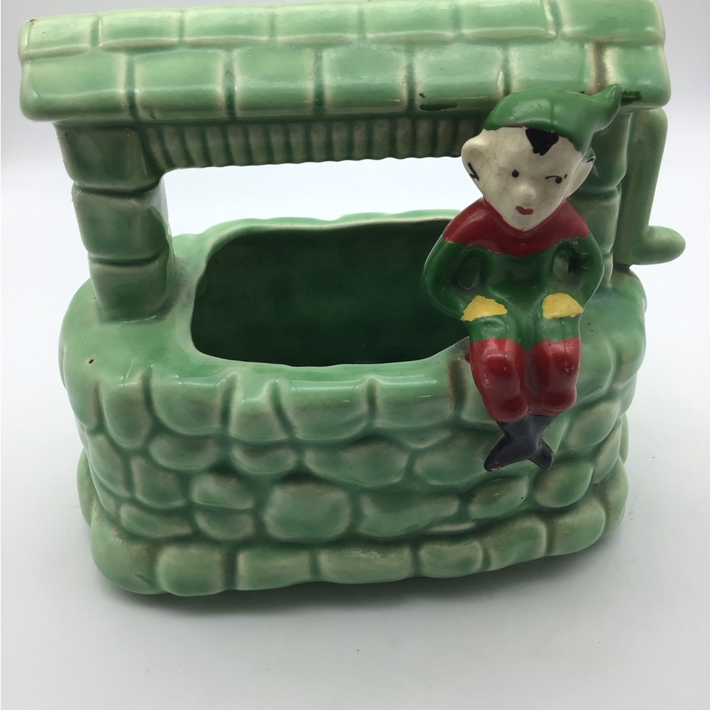 Green Ceramic Well Planter with Elf Accent